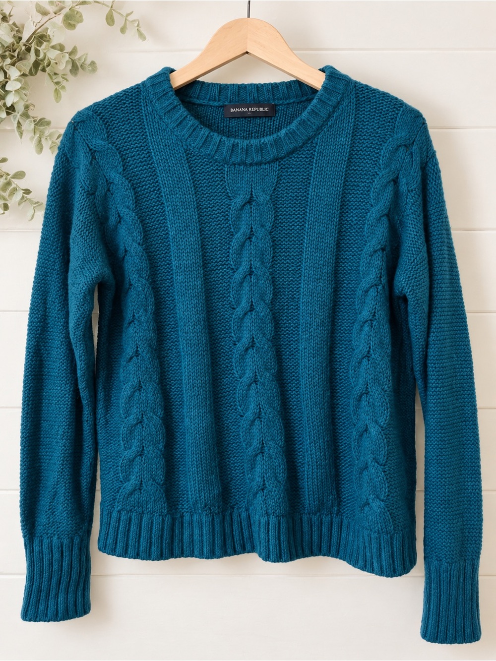 Banana Republic Teal Cable-Panel Crewneck Sweater a